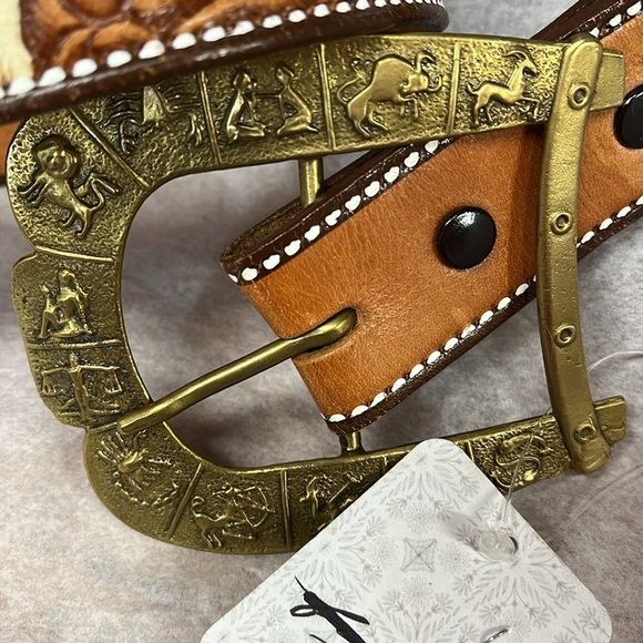 Free People Vintage Hand Tooled  Zodiac Brass Buckle Leather Belt NWT main image 6